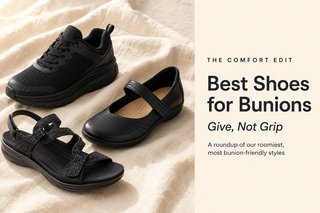 Best Shoes for Bunions cover: three black bunion-friendly Comfort Co shoes