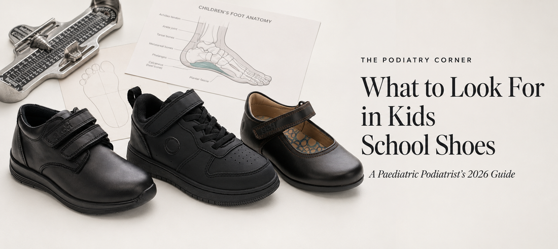 Three black Skobi school shoes, a velcro shoe, a velcro sneaker and a Mary-Jane, laid out beside a children's foot anatomy diagram and a metal foot-sizing gauge on a podiatry worktop.